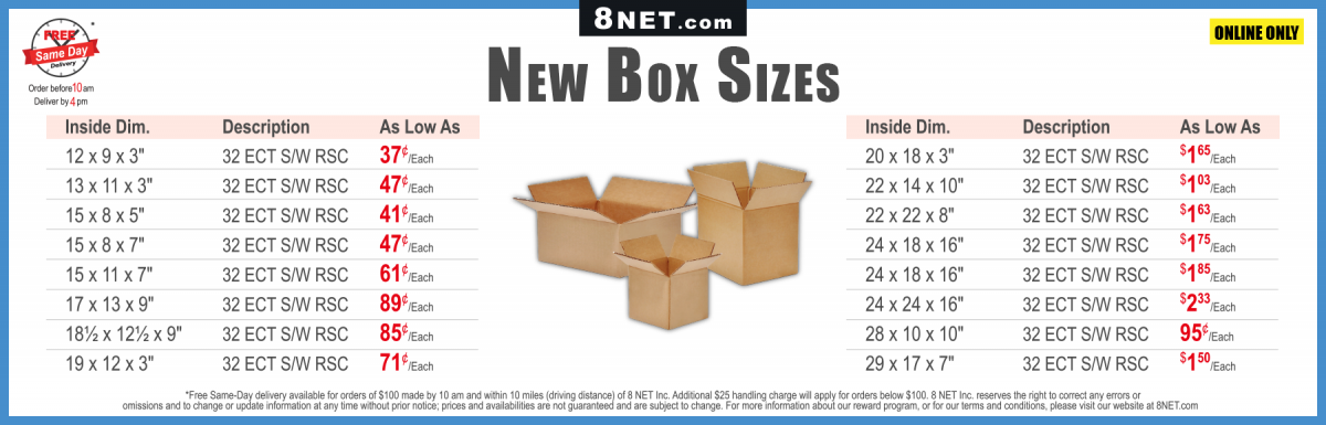 Shipping Boxes Corrugated Cardboard Sizes 4" - 8" - 8NET